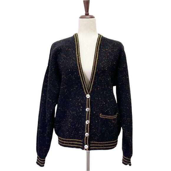 Vintage 80s Liz Claiborne LizWear Wool Varsity Cardigan Black Speckle Size Small - Picture 2 of 14